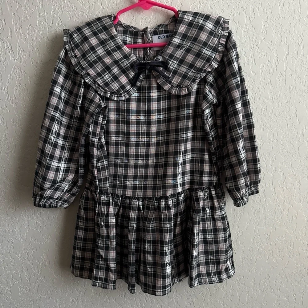Old Navy Black White and Gray Plaid Ruffle-Collar Dress